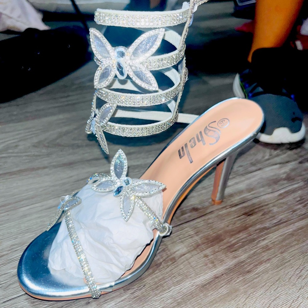 SHEIN Silver Glitter Butterfly Heels